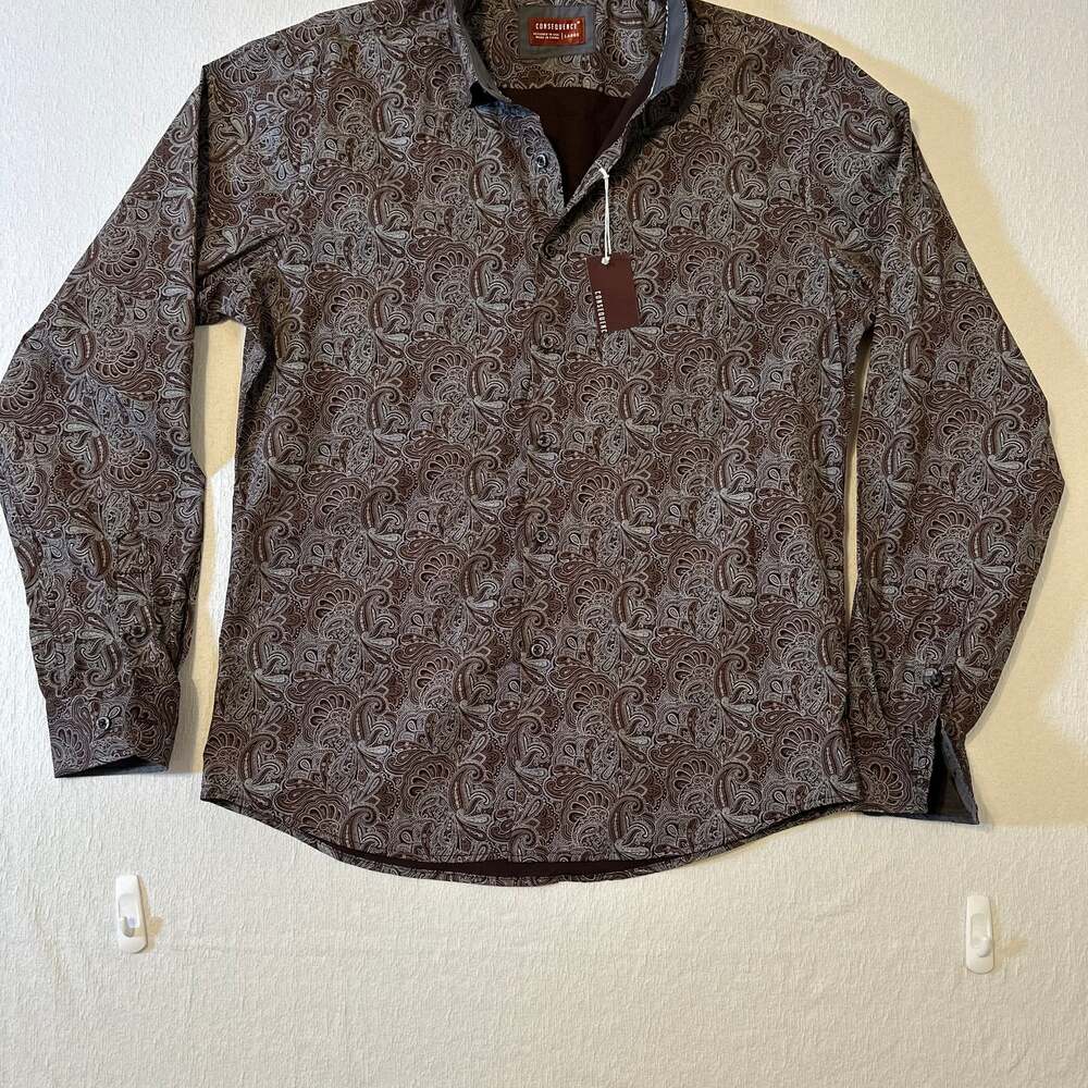 Consequence Men's Tan/Brown Paisley Long Sleeve Button Up Dress Shirt L